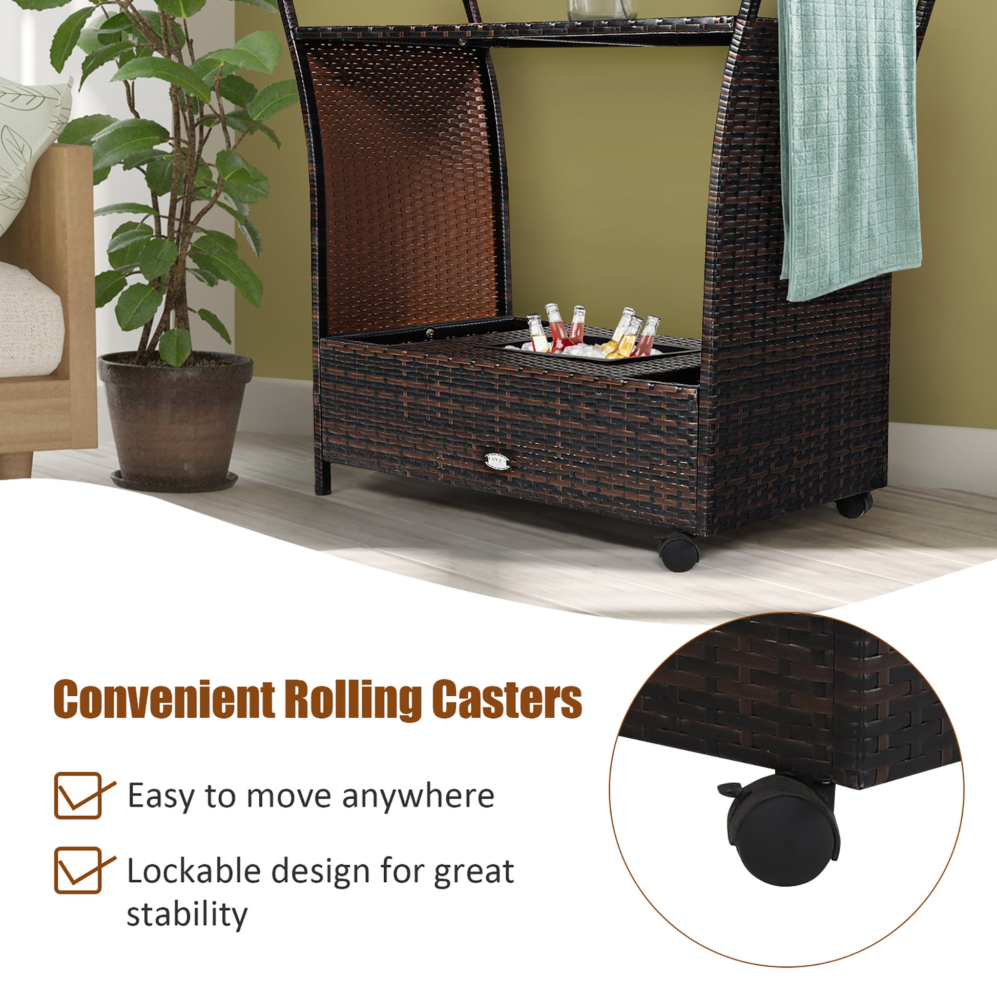 Patio Rolling Rattan Kitchen Trolley Cart Dining Aluminum Frame with Storage Box