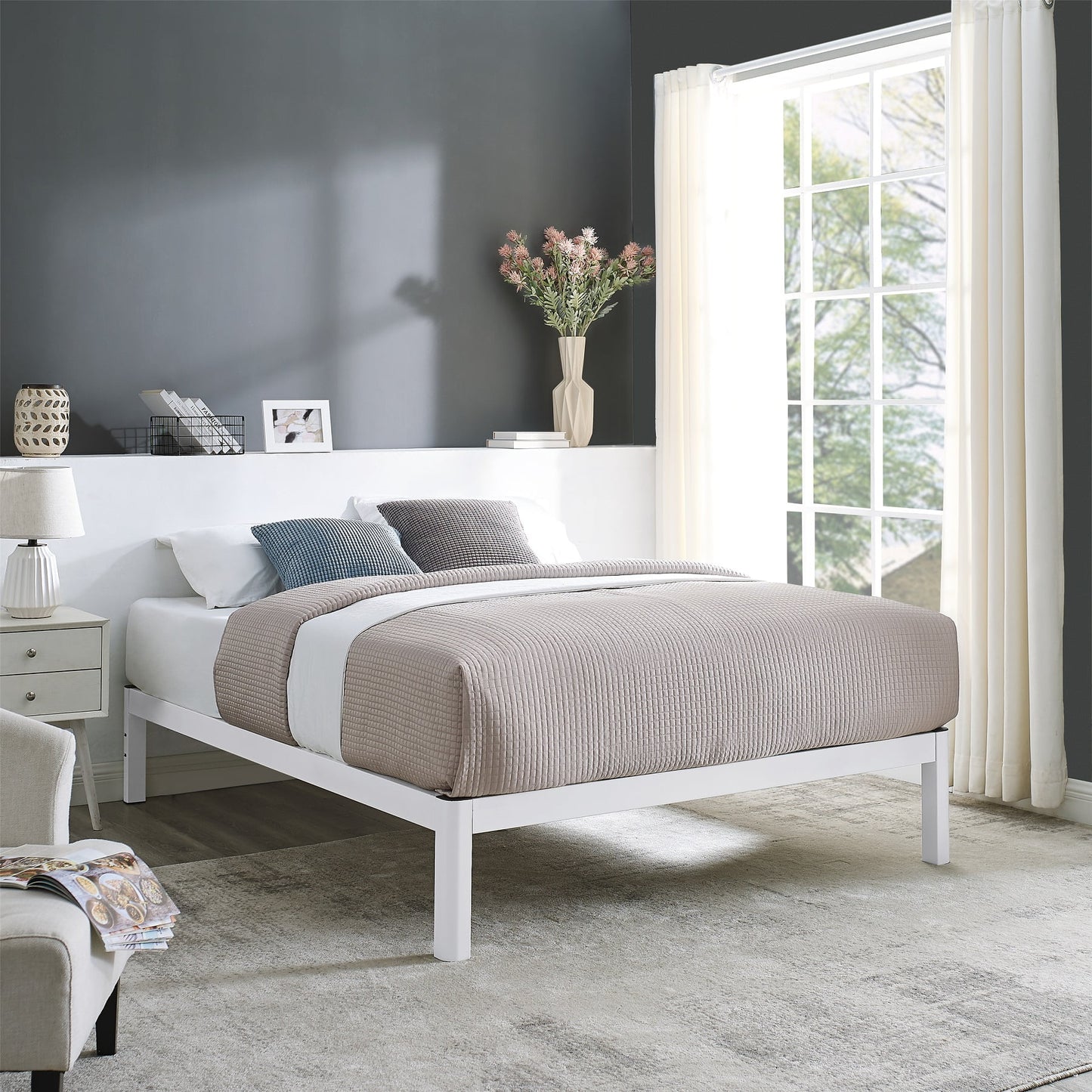 Queen 14" Metal Platform Bed Frame with Wood Slats, Storage Space under Frame, No Box Spring Required, Black/Wood