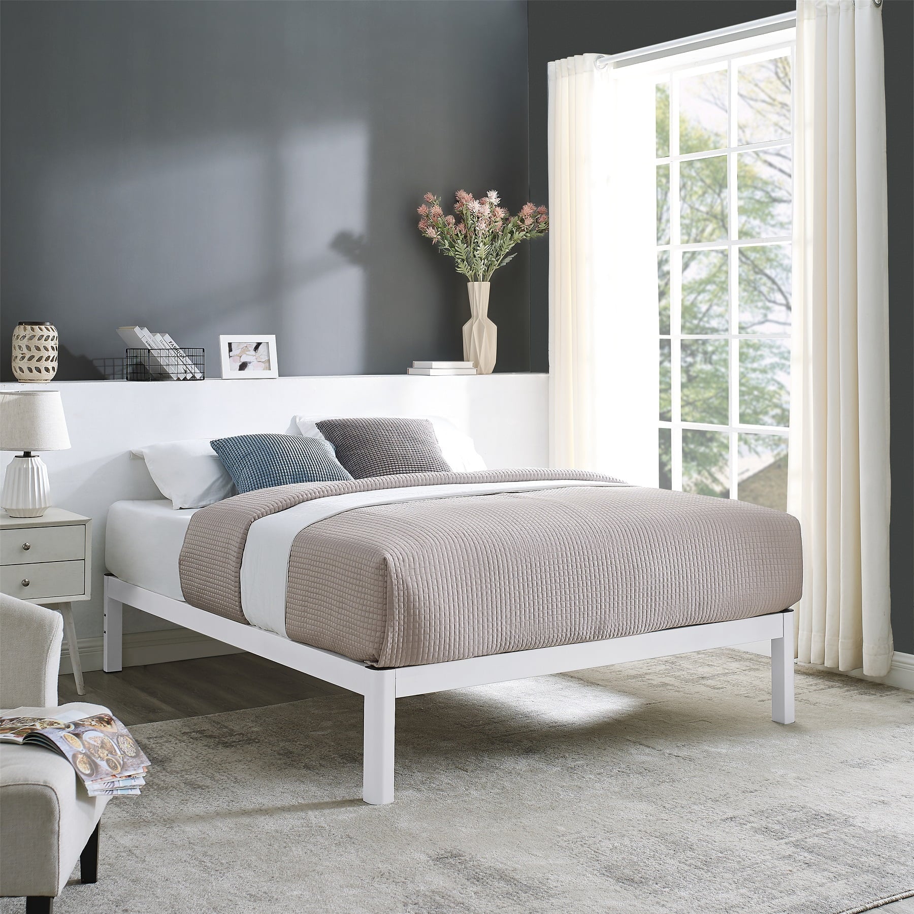 Queen 14" Metal Platform Bed Frame with Wood Slats, Storage Space under Frame, No Box Spring Required, Black/Wood