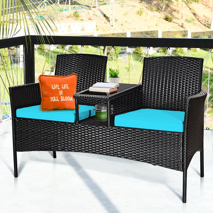 Patio Rattan Conversation Set Seat Sofa Cushioned Loveseat Glass Table Chairs