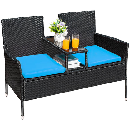 Outdoor Patio Loveseat Modern Rattan Patio Conversation Furniture Set with Cushions and Built-In Coffee Table Porch Furniture for Garden Lawn Backyard, Red