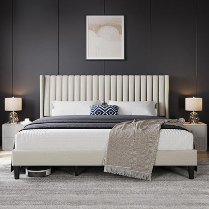 Queen Bed Frame Upholstered Platform Bed with Fabric Headboard, Wing Edge Design/Non-Slip and Noise-Free/Wooden Slats Support/No Box Spring Needed/Easy Assembly, Navy Blue Queen Bed