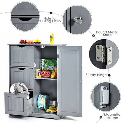 Bathroom Floor Cabinet Side Storage Cabinet with 3 Drawers and 1 Cupboard Grey