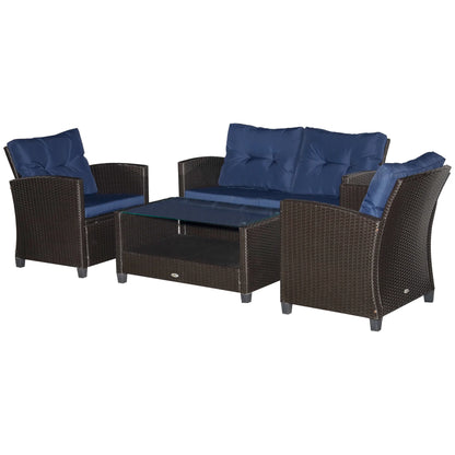 Outsunnny 4 Piece Patio Furniture Set, Outdoor Wicker Loveseat Sofa & Chairs, with 2-Tier Coffee Table & Tufted Cushions, Navy Blue