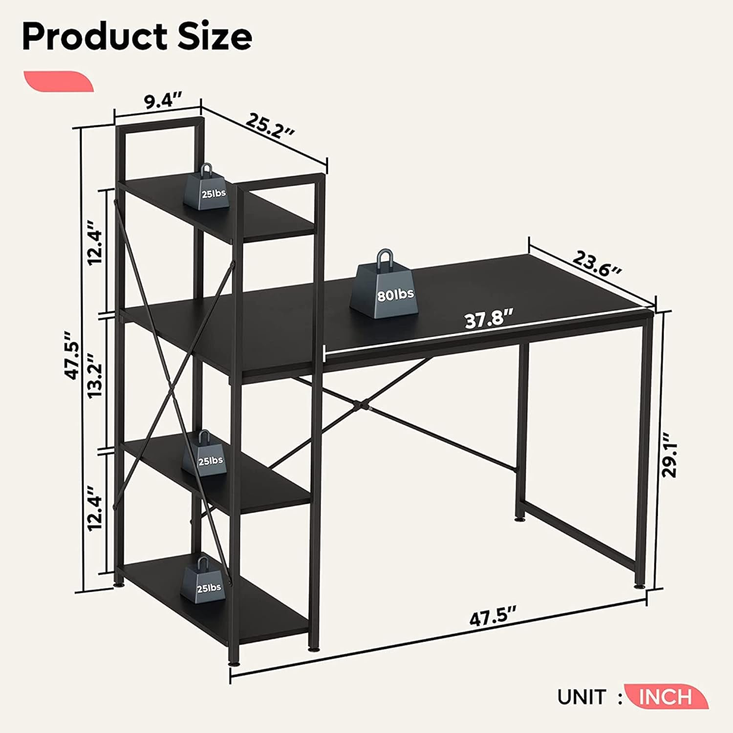 Computer Desk with Shelves - 47 Inch Home Office Desks with Bookshelf for Study Writing and Work - Plenty Leg Room and Easy Assemble, Black