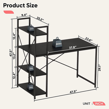 Computer Desk with Shelves - 47 Inch Home Office Desks with Bookshelf for Study Writing and Work - Plenty Leg Room and Easy Assemble, Black