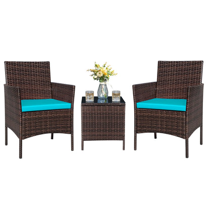 3 Pieces Patio Furniture Set Outdoor PE Rattan Wicker Patio Conversation Set Bistro Set with Tempered Glass and Cushioned Chairs, Brown/Beige