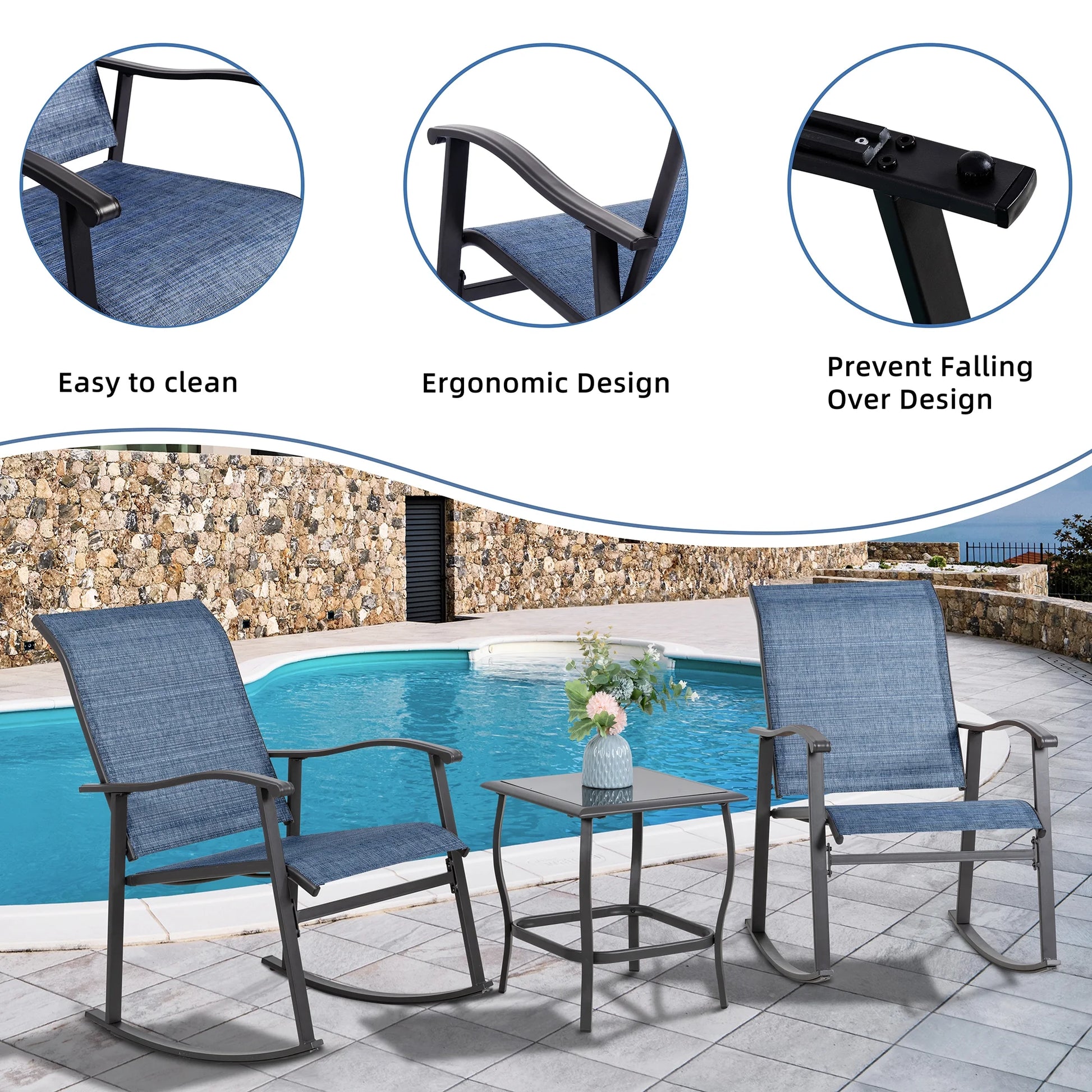3 Pieces Rocking Bistro Patio Furniture Rocker Set with 2 Outdoor Rocking Chairs and 1 Glass Coffee Table for Porch Deck Lawn,Deep Blue