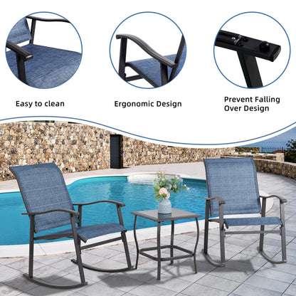 3 Pieces Rocking Bistro Patio Furniture Rocker Set with 2 Outdoor Rocking Chairs and 1 Glass Coffee Table for Porch Deck Lawn,Deep Blue