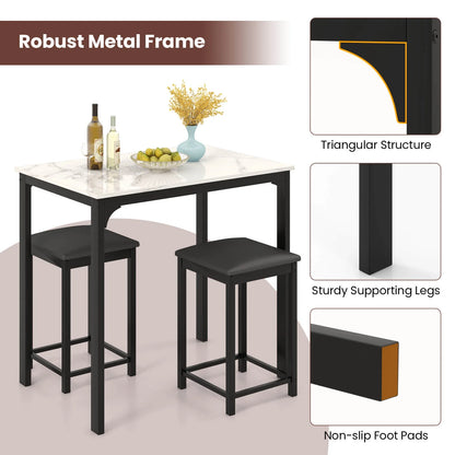 3 Piece Counter Height Dining Set Faux Marble Table and 2 Chairs Kitchen Bar