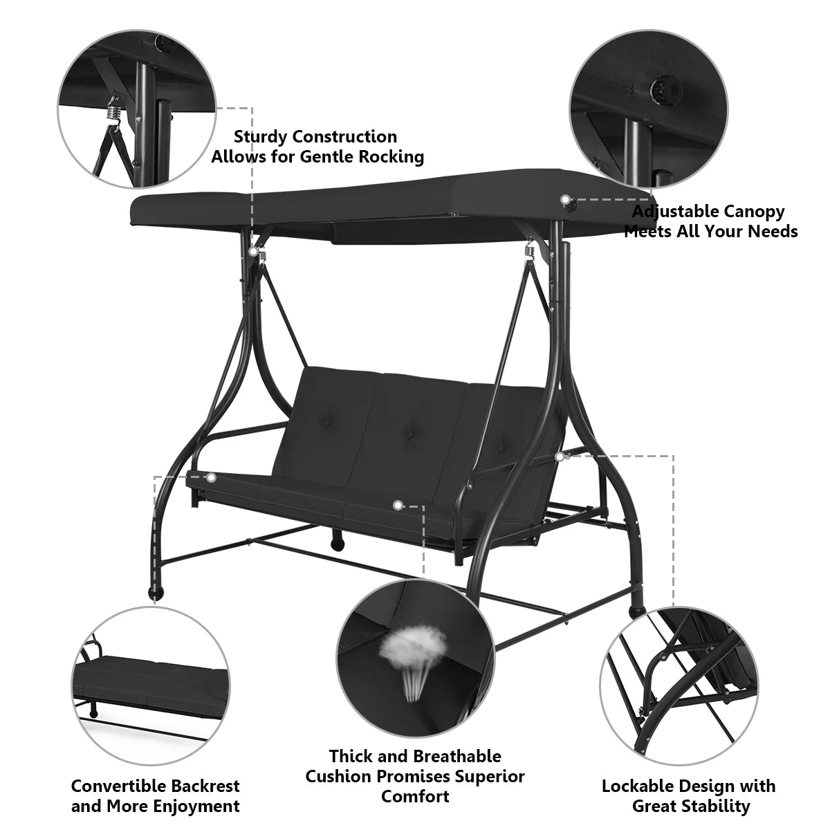 Converting Outdoor Swing Canopy Hammock 3 Seats Patio Deck Furniture Black