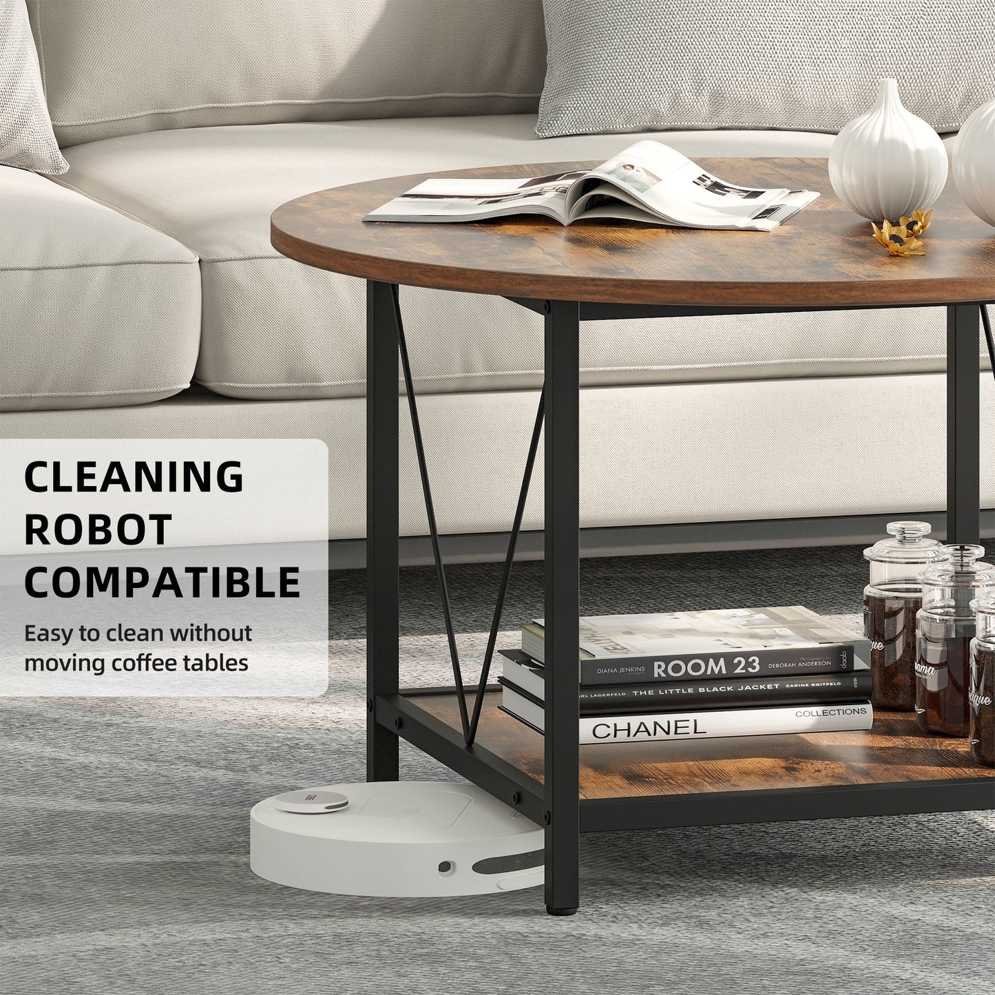 round Coffee Table with Storage, Rustic Living Room Tables with Sturdy Metal Legs, Brown
