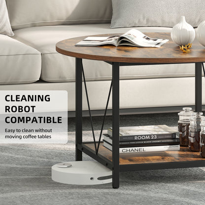 round Coffee Table with Storage, Rustic Living Room Tables with Sturdy Metal Legs, Brown