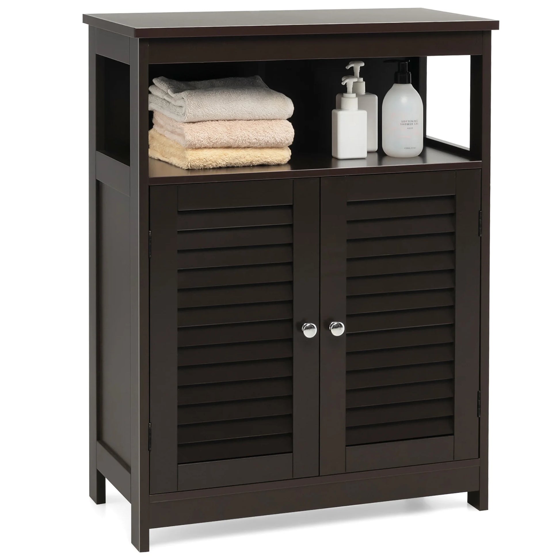 Bathroom Storage Wood Floor Cabinet with Double Shutter Door Coffee