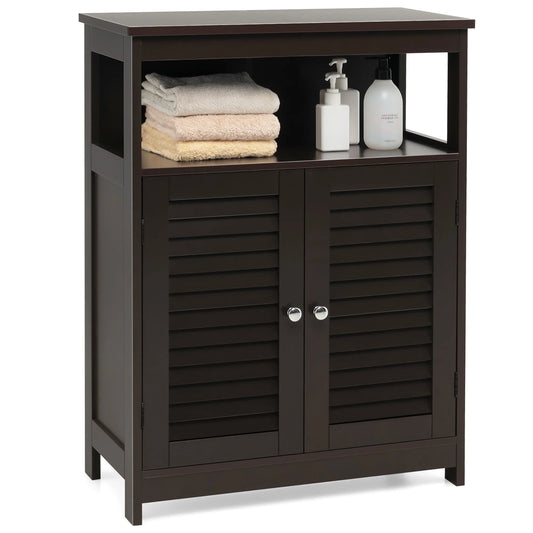 Bathroom Storage Wood Floor Cabinet with Double Shutter Door Coffee