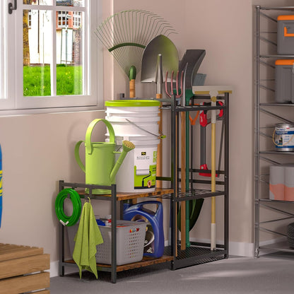 Garage Tool Organizer with 2-Tier Wooden Shelves, Yard Tool Organizer for Garage