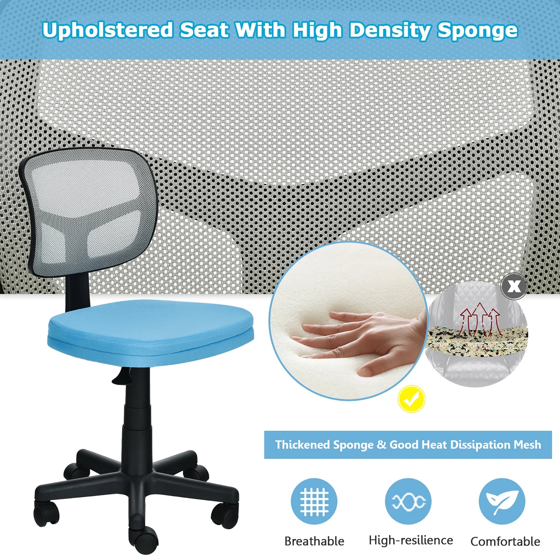 Armless Office Chair Adjustable Swivel Computer Mesh Desk Chair Blue