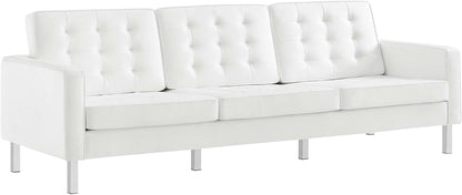 Loft Tufted Button Faux Leather Upholstered Loveseat in Silver Black