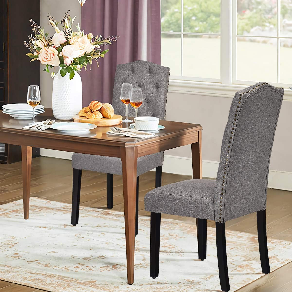 Dining Chairs Set of 2, Tufted Fabric Dining Room Chairs with Nailed Head, Parsons Chairs with Padded Seat, Tall Backrest, Modern Upholstered Armless Dining Chairs for Kitchen, Dining Room