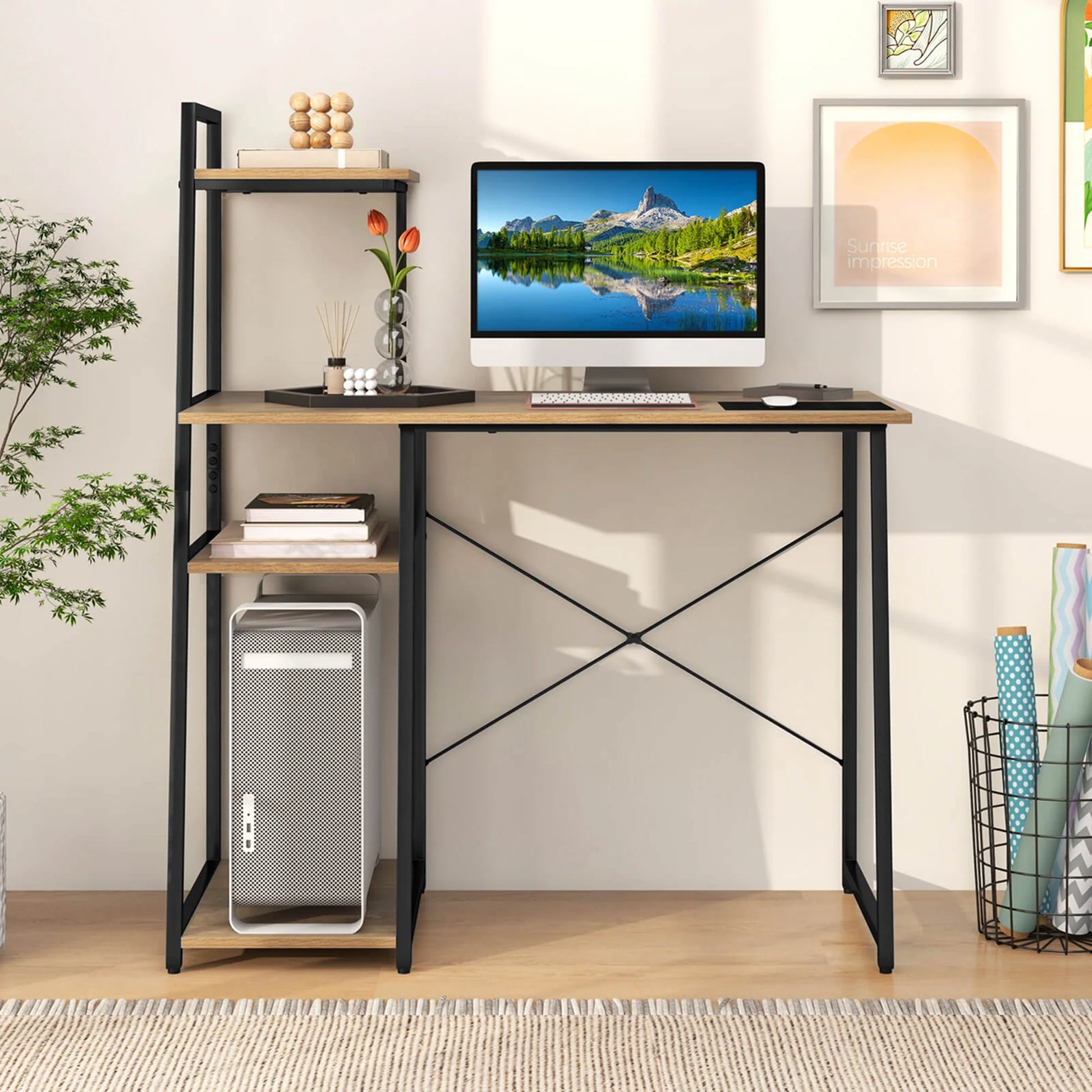 Home Office Desk with Bookshelf Host Stand Metal Frame Study Writing Desk