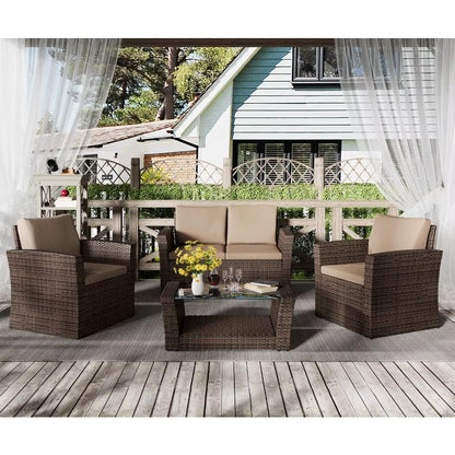 4 Piece Outdoor Patio Conversation Sets, Wicker Patio Furniture with Rattan Glass Table,Cushioned Patio Furniture Set for Garden