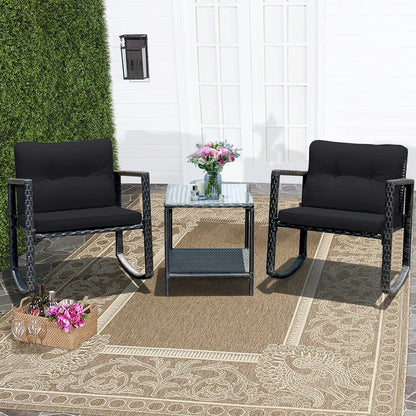 3PCS Patio Rattan Furniture Set Rocking Chairs Cushioned Sofa Gray