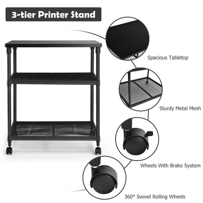 3-Tier Black Rolling Printer Stand  3-Tier Black Rolling Printer Stand, Black