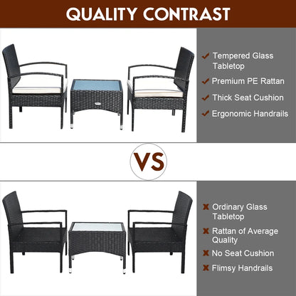 3 PCS Furniture Set Table & 2 Chair Patio Wicker Rattan W/Cushion