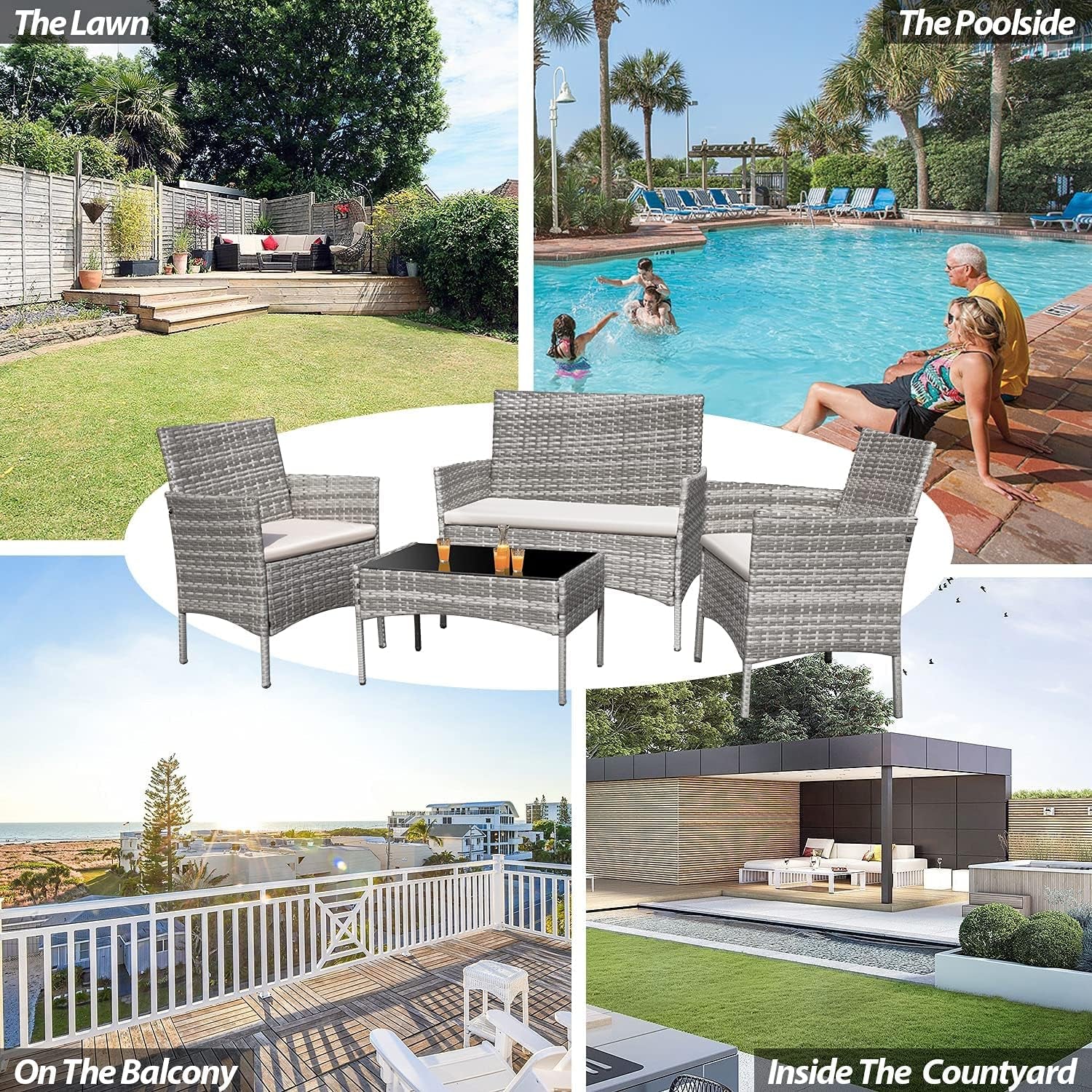 4 Pieces Outdoor Patio Furniture Sets Rattan Chair Wicker Set,Outdoor Indoor Use Backyard Porch Garden Poolside Balcony Furniture (Grey and Beige)
