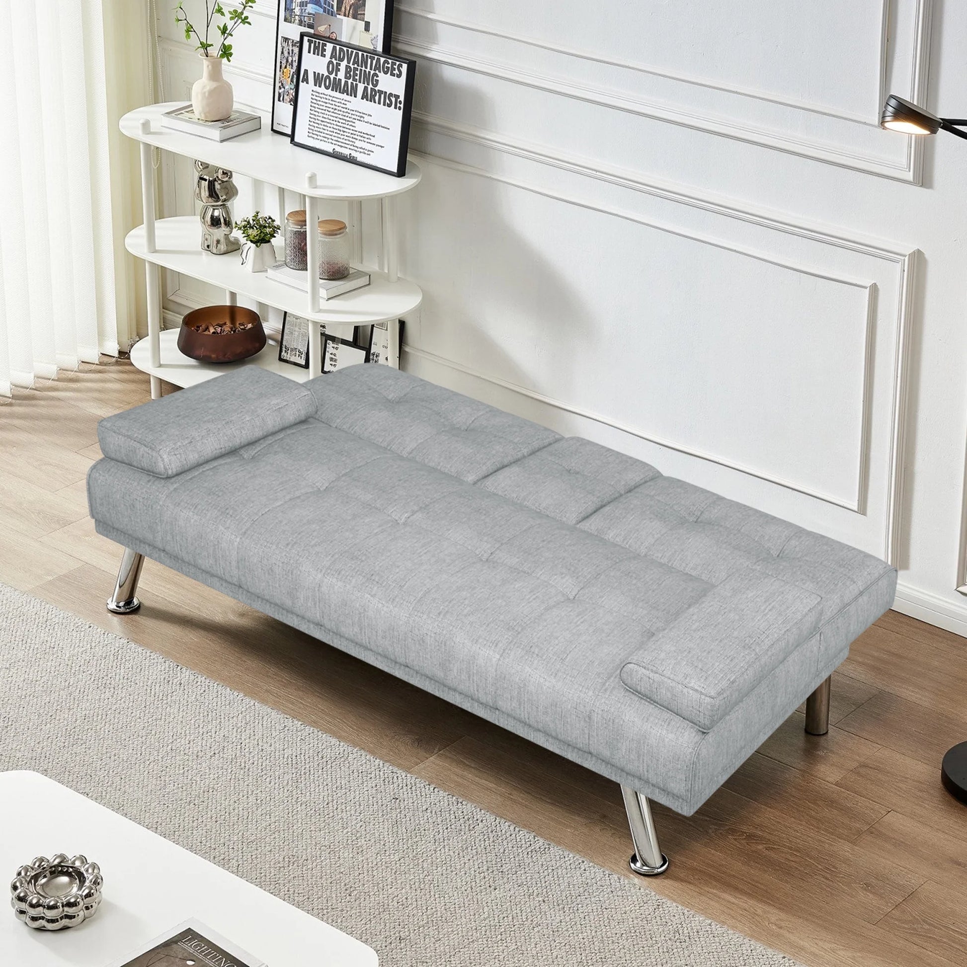 Modern Futon Convertible Sofa Bed with Adjustable Back with Cupholders