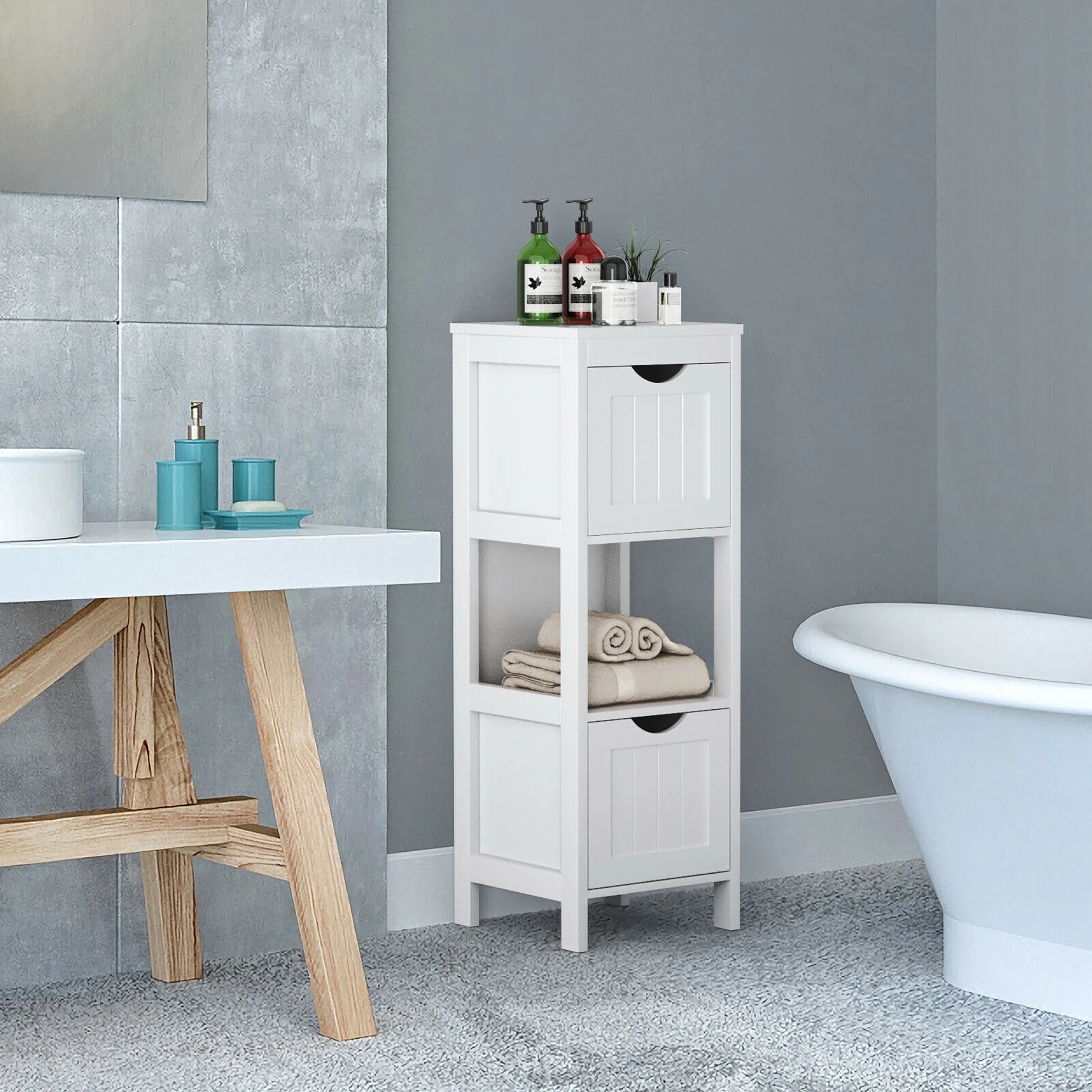 Floor Cabinet Multifunction Bathroom Storage Organizer Rack W/2 Drawers