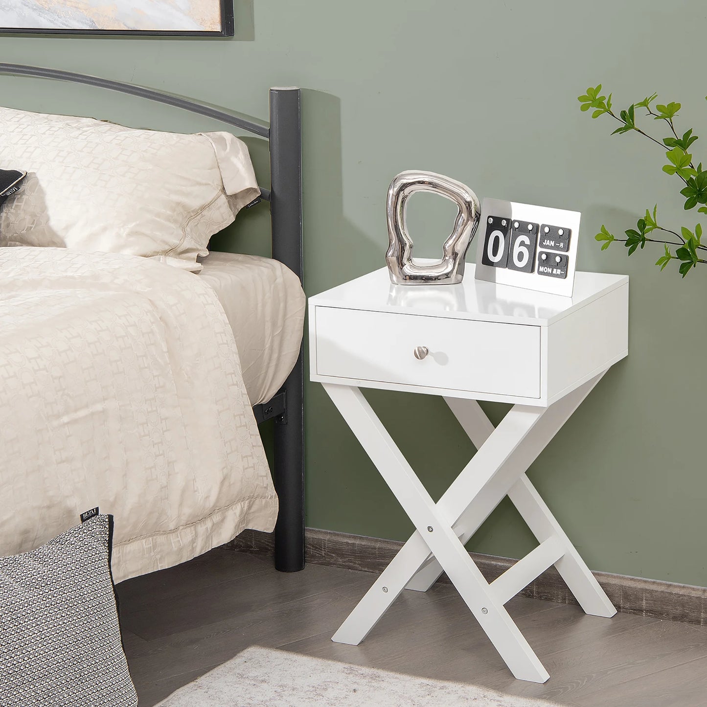Side Nightstand with Drawer X Shaped Structure Accent Sofa End Table White