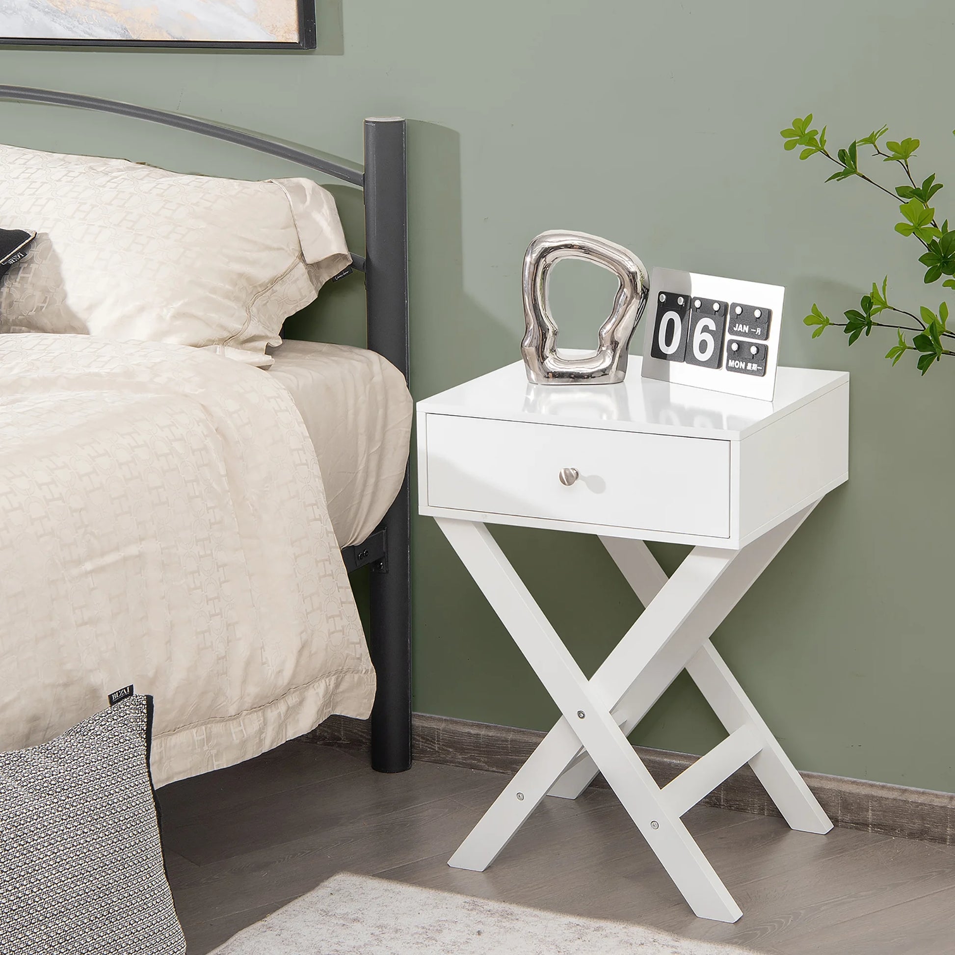Side Nightstand with Drawer X Shaped Structure Accent Sofa End Table White