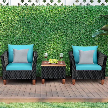 3PCS Outdoor Patio Rattan Furniture Set Wooden Table Cushioned Sofa Turquoise