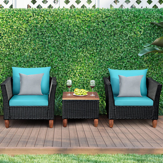3PCS Outdoor Patio Rattan Furniture Set Wooden Table Cushioned Sofa Turquoise