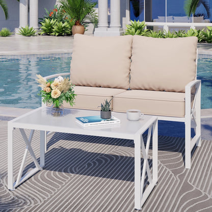 3-Piece Patio Furniture Set, Outdoor Conversation Furniture Set with Matching Side Table, Metal Sofa Chairs Detachable Cushions Khaki