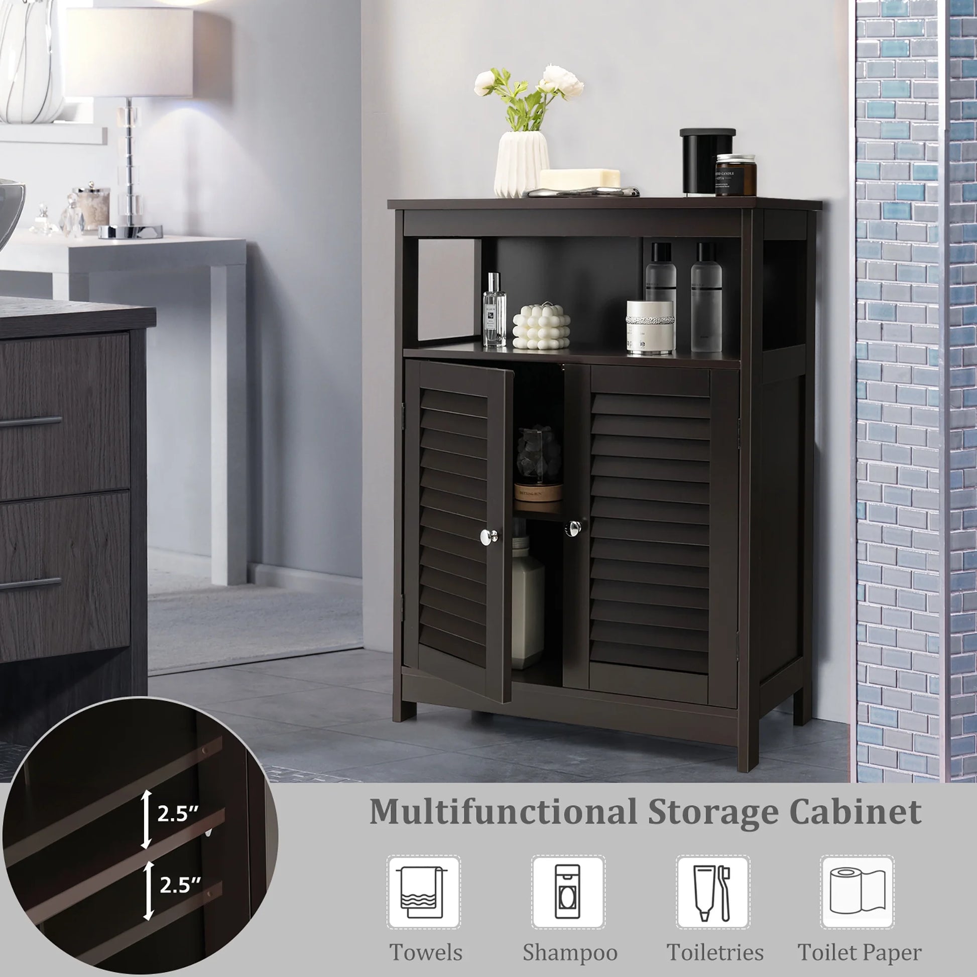 Bathroom Storage Wood Floor Cabinet with Double Shutter Door Coffee
