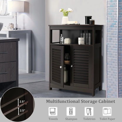 Bathroom Storage Wood Floor Cabinet with Double Shutter Door Coffee