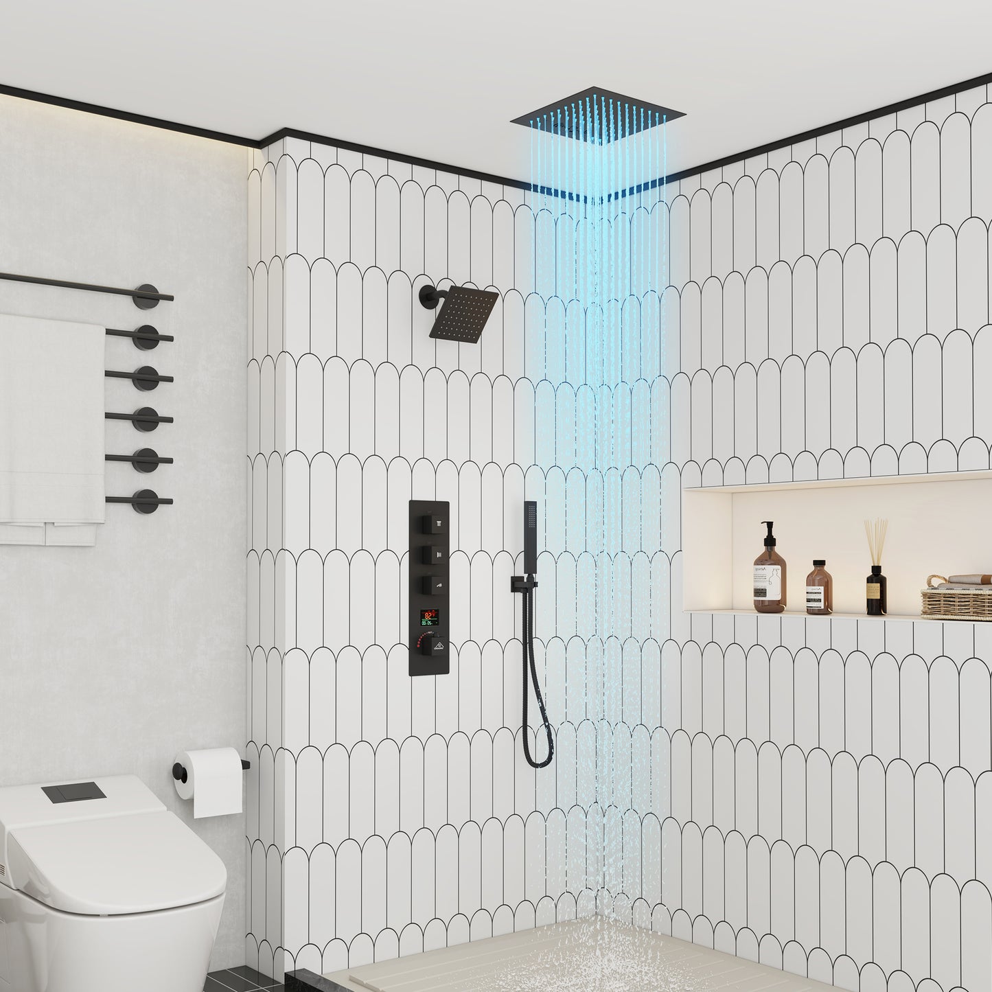CASAINC 12 Inches Thermostatic Ceiling Mounted Dual Square Shower System with Hanheld Spray & Bluetooth Music