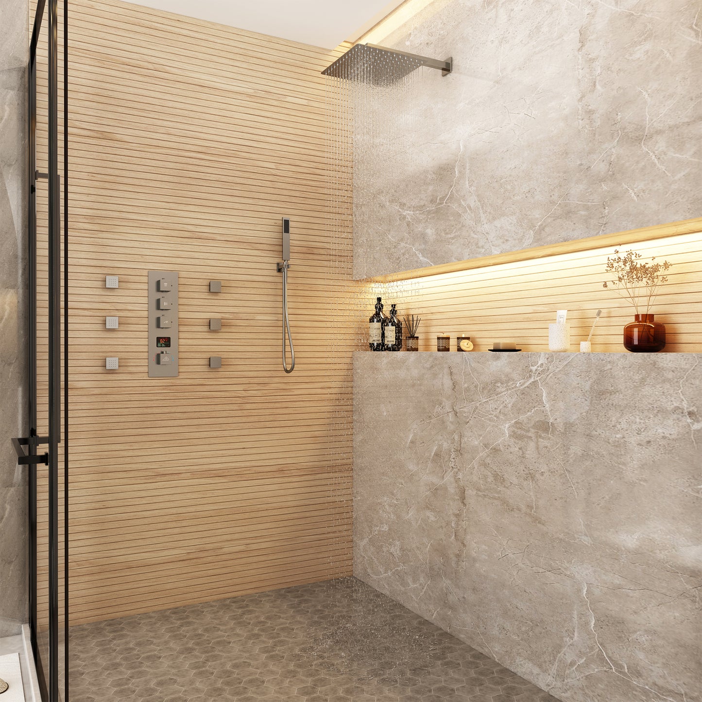 CASAINC 12 Inches Luxury Wall Mounted Square Shower System with 6 Body Jets & Handheld Spray