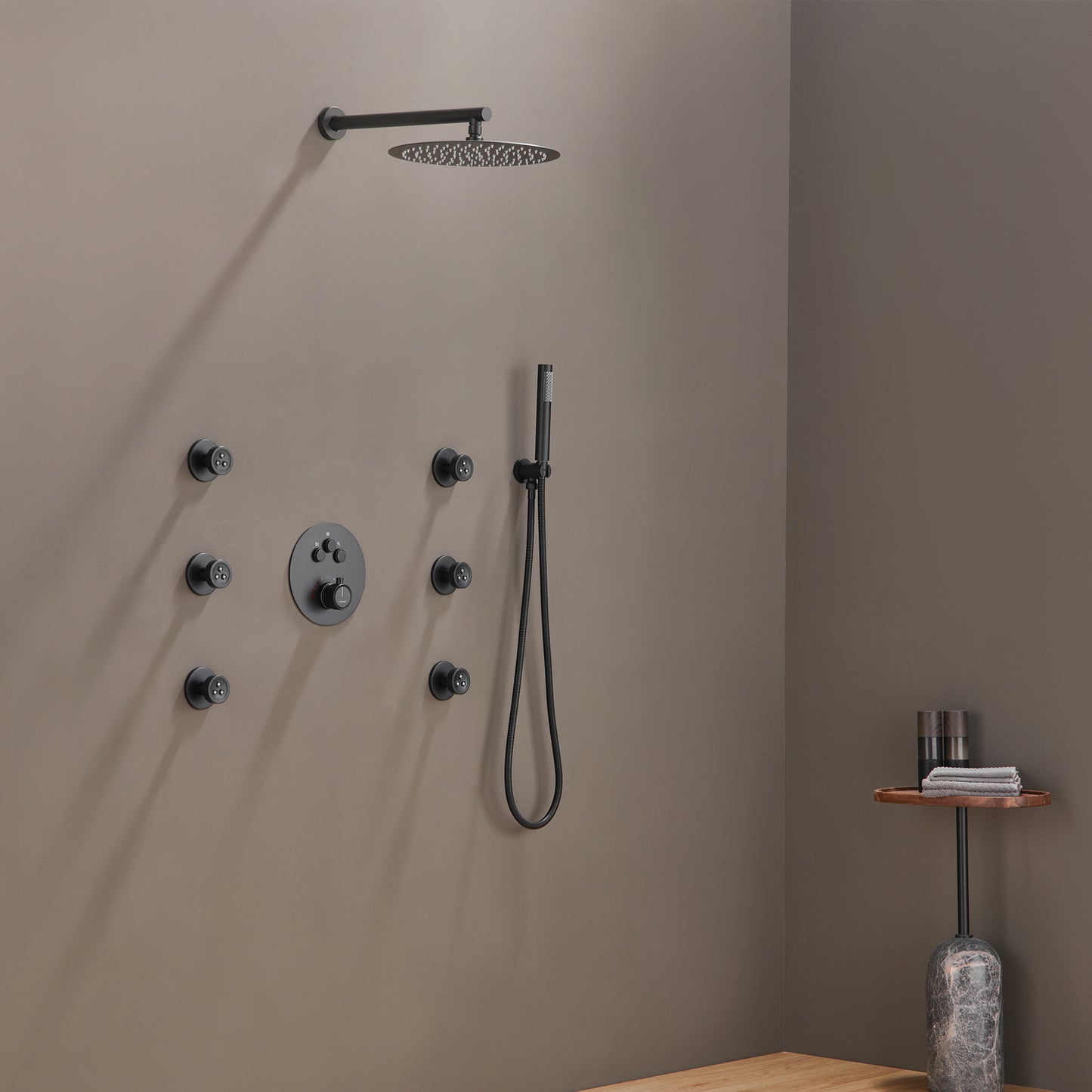 CASAINC 12 inch Round Wall Mounted Luxury Shower System with 6 Body Jets & Single Handle Shower Spray